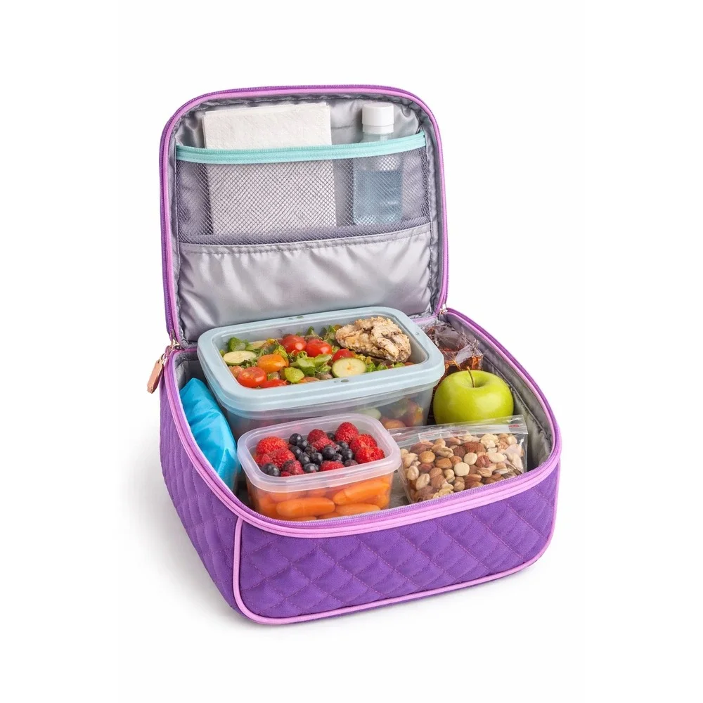 Genteen Purple Insulated Lunch Bag Quilted with Handled and Mesh Side Pocket